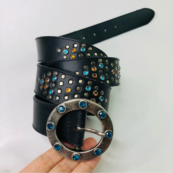 Vintage Lane Bryant Studded Jeweled Belt Rhinestones Round Pin Buckle Motorcycle - Picture 4 of 6